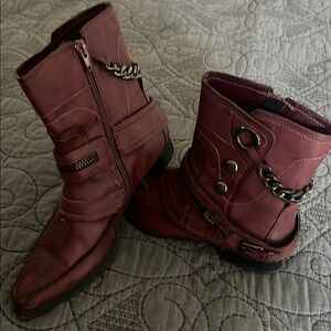 Penny Loves Kenny Maroon Ankle Boots with Chain Accent